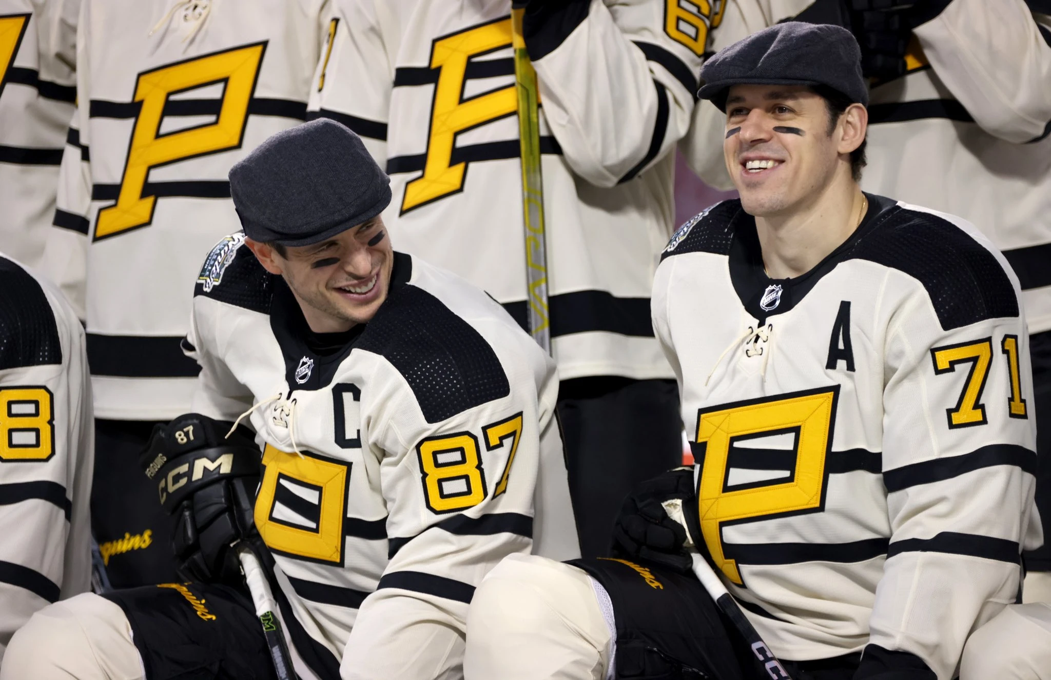 Sidney Crosby and Evgeni Malkin of the Pittsburgh Penguins at the 2023 NHL Winter Classic.
