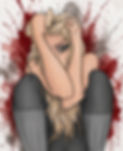 Illustrated figure curled inward against a red and gray splattered background.