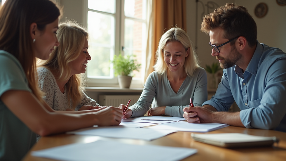 Eye-level view of a family discussing estate planning documents