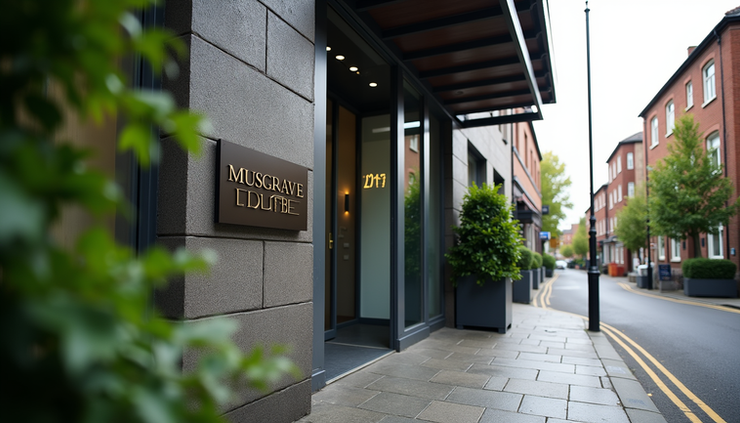 Eye-level view of the entrance to Musgrave House on Stockmans Lane, Belfast