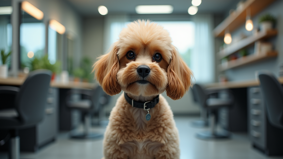 Eye-level view of a dog with a stylish trimmed coat in a grooming salon