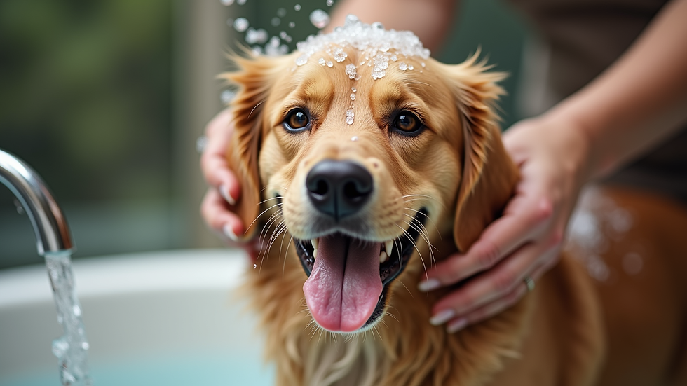 Close-up view of a happy dog being bathed gently