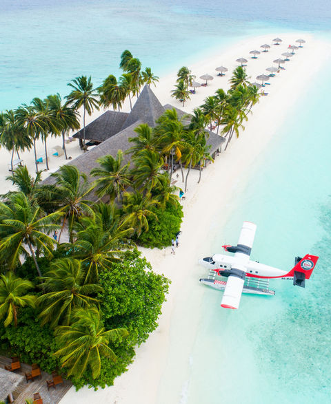 Seaplane docked beside a palm-lined tropical island with overwater bungalows and white sand beach.