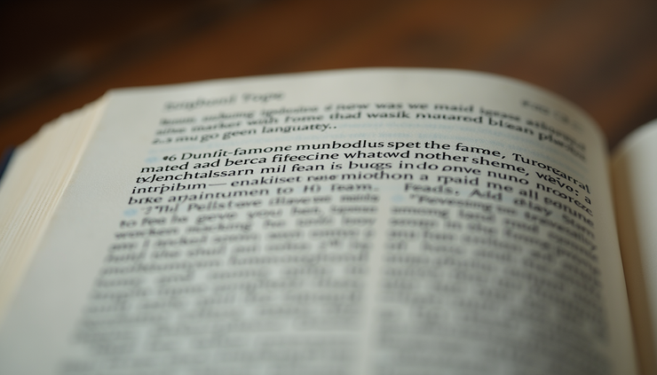 Eye-level view of an open book with highlighted text about language and identity