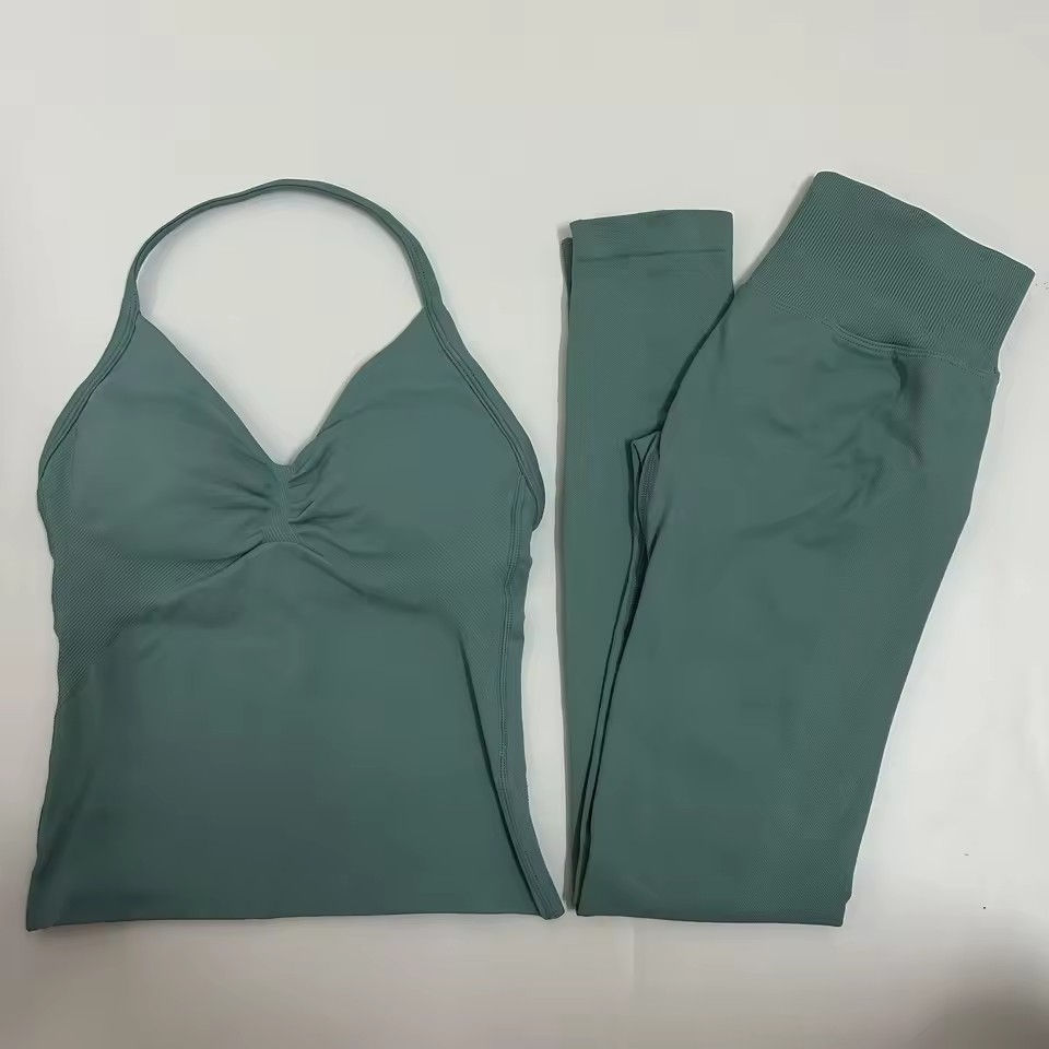 Thumbnail: 2 Pieces Set Impact Leggings Set Women Backless Tank Tops High Waist Scrunch Gym