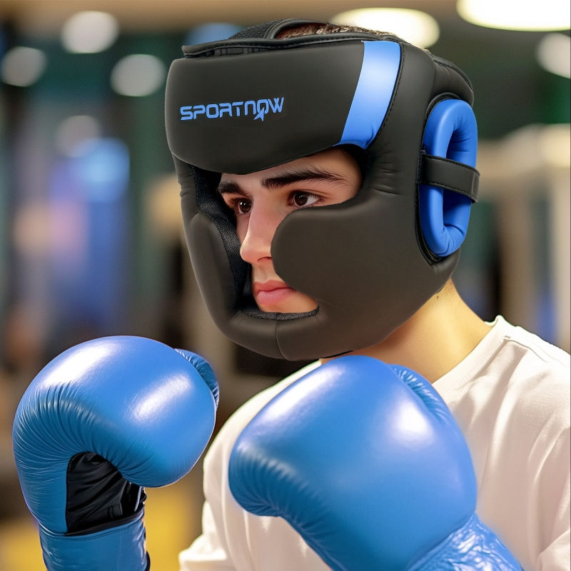 Thumbnail: PINGGO Boxing Headguard w/ Adjustable Strap for Sparring, Kickboxing, MMA, Blue/