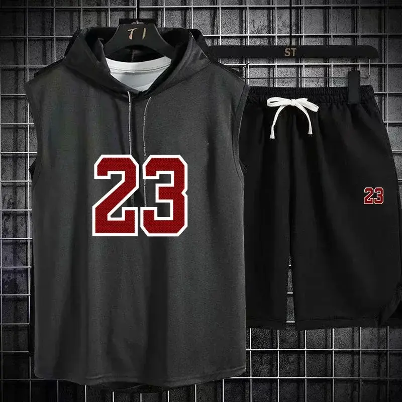 Thumbnail: Summer New Men's Sleeveless Hooded T-shirt+shorts pants Sports two-piece set gym