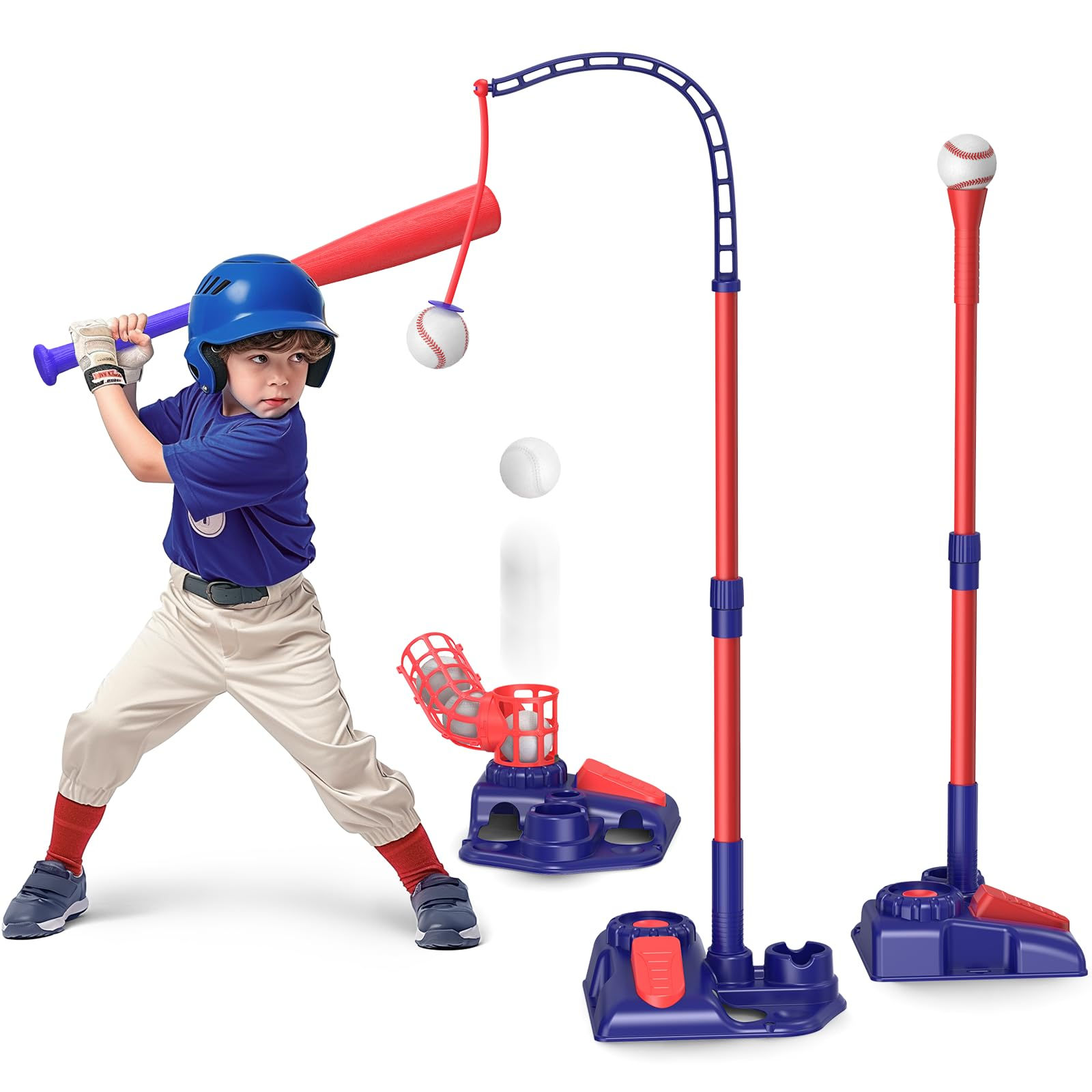 3-in-1 Kids Baseball Set for Ages 3-5/5-8, Batting Tee, Stand Tee, Pitching Mach