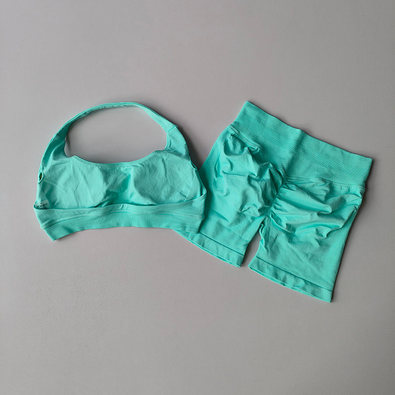 Thumbnail: Sexy Halter Neck Beautiful Back High Waist Peach Sports Bras Shorts Suit Pilates