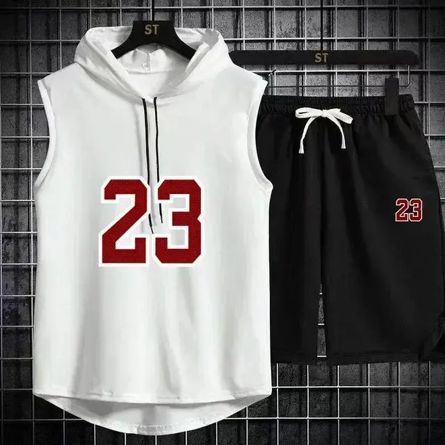 Thumbnail: Summer New Men's Sleeveless Hooded T-shirt+shorts pants Sports two-piece set gym