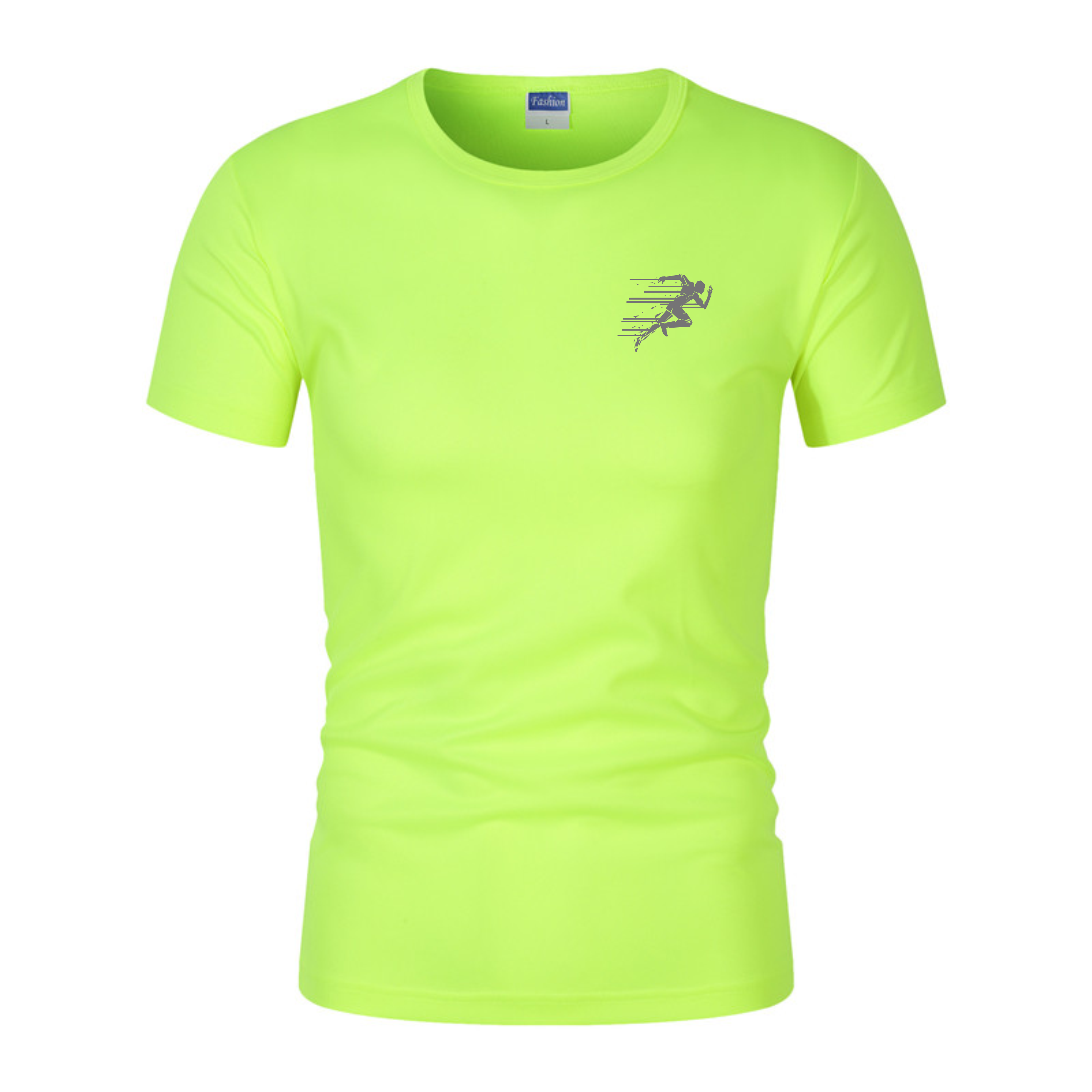 Unisex Fluorescent Green Sports T-Shirt with Running Pattern, Mesh Quick-Drying