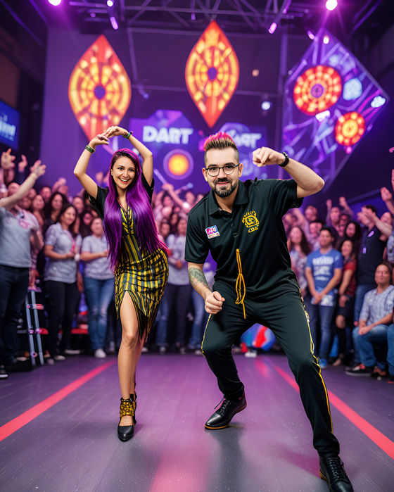 Zwei Influencer posieren dynamisch vor einer jubelnden Menge bei der Darts-Weltmeisterschaft, umgeben von bunten Lichtern und Dartscheiben, aufgenommen mit einer AI- und AR-Fotobox
