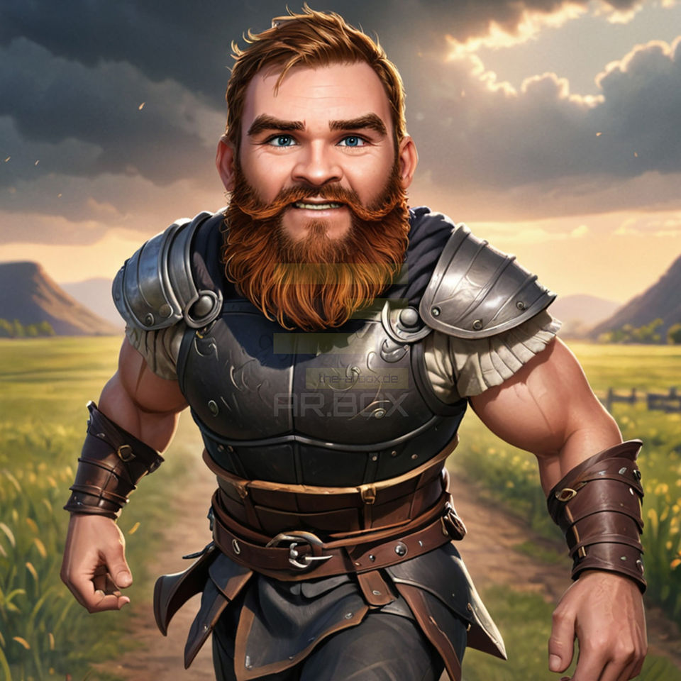 Illustration eines lächelnden Wikinger-Kriegers mit rotem Bart und Rüstung, der auf einem Feldweg vor einer malerischen Landschaft steht, erstellt mit einer AI- und AR-Fotobox