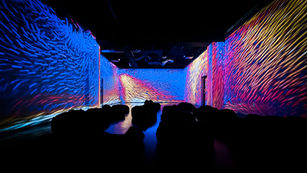 Immersive projection room inside the melt museum Warsaw showing interactive light and sound installation reacting to visitor movement.