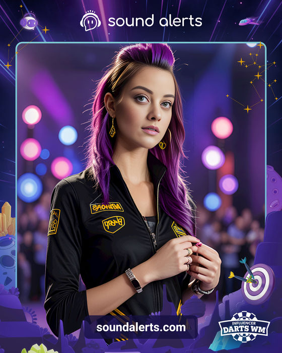 "Stylische Influencerin mit violettem Mohawk und futuristischem Hintergrund, aufgenommen bei einem Event. AI.Photobox und Sound Alerts bieten eine innovative Fan Activation für maximale Interaktion