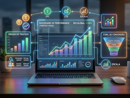 Fotografia conceitual de uma estação de trabalho vazia. Um laptop moderno de alumínio, centralizado em uma mesa de madeira escura, projeta uma complexa e densa visualização de dados holográficos. A interface central é rotulada 'DASHBOARD DE PERFORMANCE (TRÁFEGO PAGO)' e 'ROI GLOBAL'. Orbitam a tela módulos holográficos genéricos (Social, Search, Funnel, CTR) com ícones e gráficos não branded. O ambiente é um escritório executivo em Goiânia ao crepúsculo, focado estritamente em estratégia de dados, sem pessoas, e com a estética analítica das imagens de referência.
