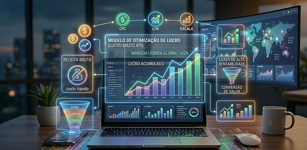 Fotografia conceitual de uma estação de trabalho vazia. Um laptop moderno de alumínio, centralizado em uma mesa de madeira escura, projeta uma complexa e densa visualização de dados holográficos vibrantes em azul e verde. No centro, uma interface flutuante exibe o título 'MODELO DE OTIMIZAÇÃO DE LUCRO (API DE DADOS)' com indicadores de margem líquida e lucro bruto. Símbolos genéricos de moedas e gráficos de barras interconectados orbitam a tela. O ambiente é um escritório executivo em Goiânia ao crepúsculo, focado estritamente em estratégia de dados e performance financeira, sem pessoas, e com a estética analítica das imagens de referência.