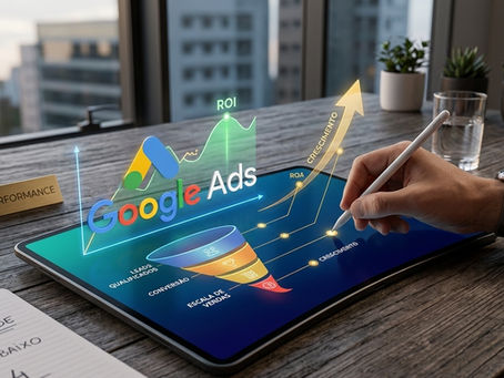 Fotografia em estilo profissional mostrando um especialista em marketing digital interagindo com um tablet que exibe um dashboard de Google Ads. A tela apresenta gráficos de crescimento de ROI e um funil de vendas estratégico sobre uma mesa de escritório moderna, com foco em gestão de performance.