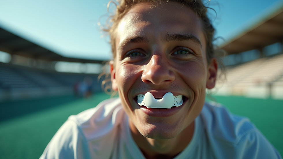 Eye-level view of a sports athlete wearing a mouthguard during a game