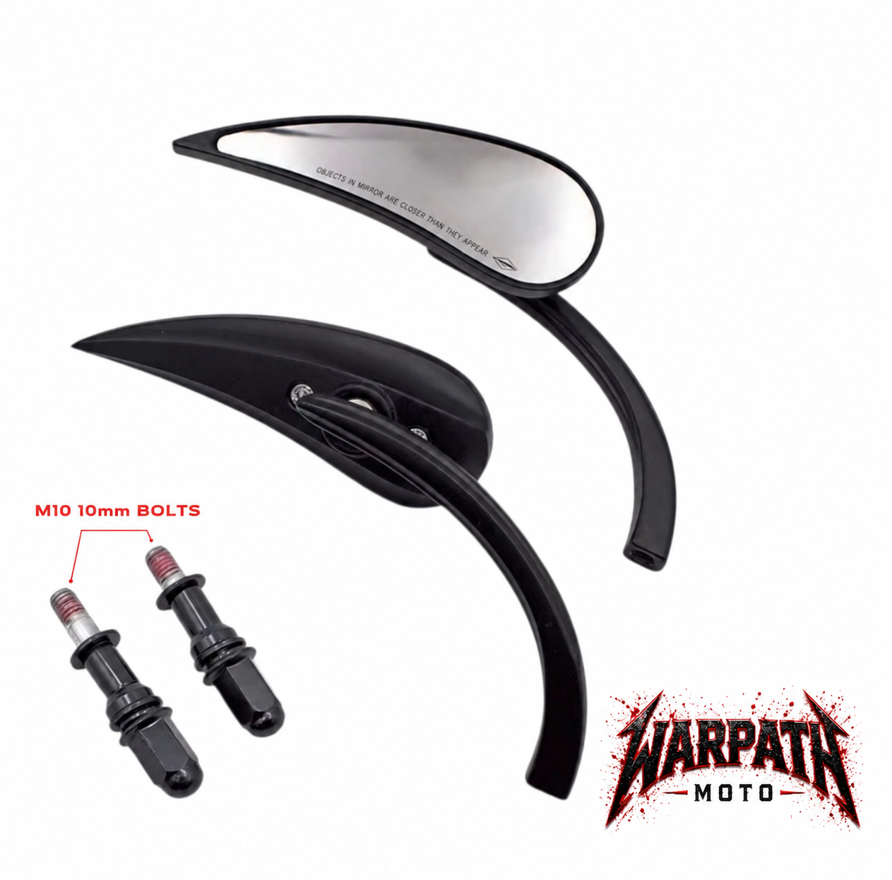Warpath Moto Sleek Black Mirrors - Teardrop Chrome