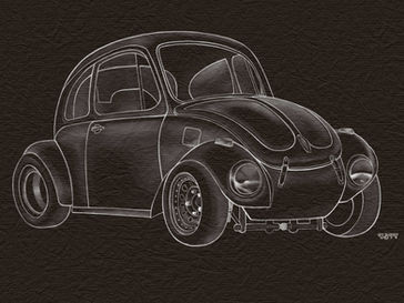 White on dark canvas line drawing of a 60's Volkswagen Bug.