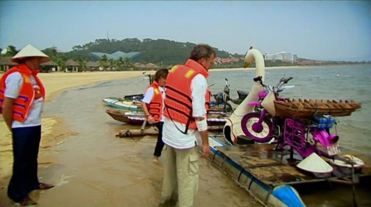 Top Gear Series 12 Episode 8 - The presenters view their converted motorbikes on the beach shore of Tuan Chau Island in Vietnam.