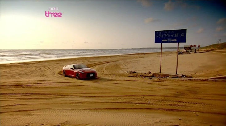 Top Gear Series 11 Episode 4 - Jeremy Clarkson driving and drifting the Nissan R35 GT-R as he begins the race and leaves the beach in Hakui, Ishikawa, Japan.