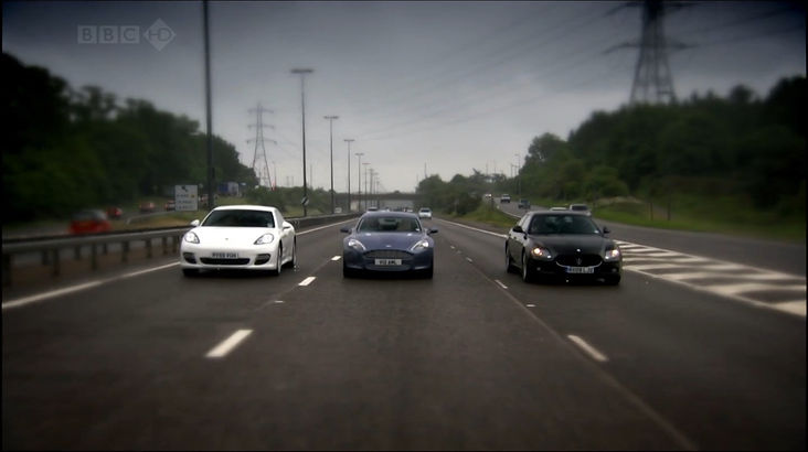 Top Gear Series 15 Episode 3 - The presenters are seen driving side by side three across on the A3 motorway near London.