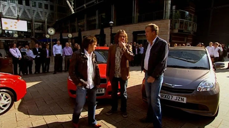 Top Gear Series 13 Episode 3 - The presenters meet up at Canary Wharf in London surrounded by financial professionals discussing the bad economy and how no one can afford expensive fun cars anymore.