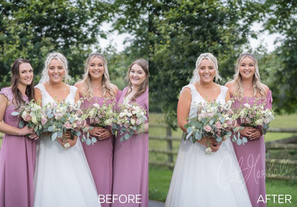On the left; a bride and three bridesmaids in pink dresses in the countryside. Holding flower bouquets and smiling. On the right; the two bridesmaids on the edges have been removed and the environment has been reconstructed in Photoshop.