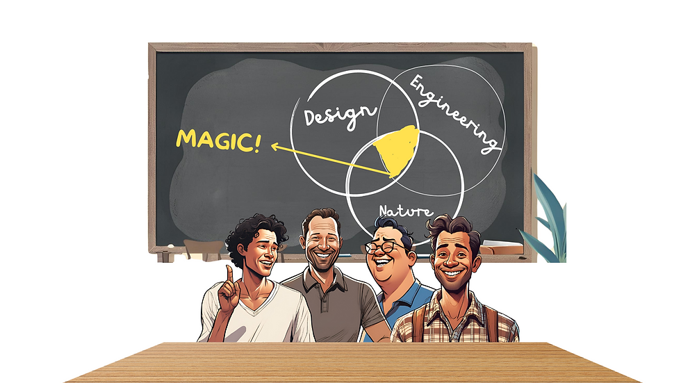 Four men smile in front of a chalkboard with a Venn diagram labeled Design, Engineering, Nature. "MAGIC!" is written in yellow. uBreathe Air Purifiers