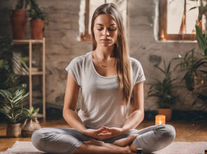 Joven practicando meditacion con el aroma de aceites esenciales en su hogar.