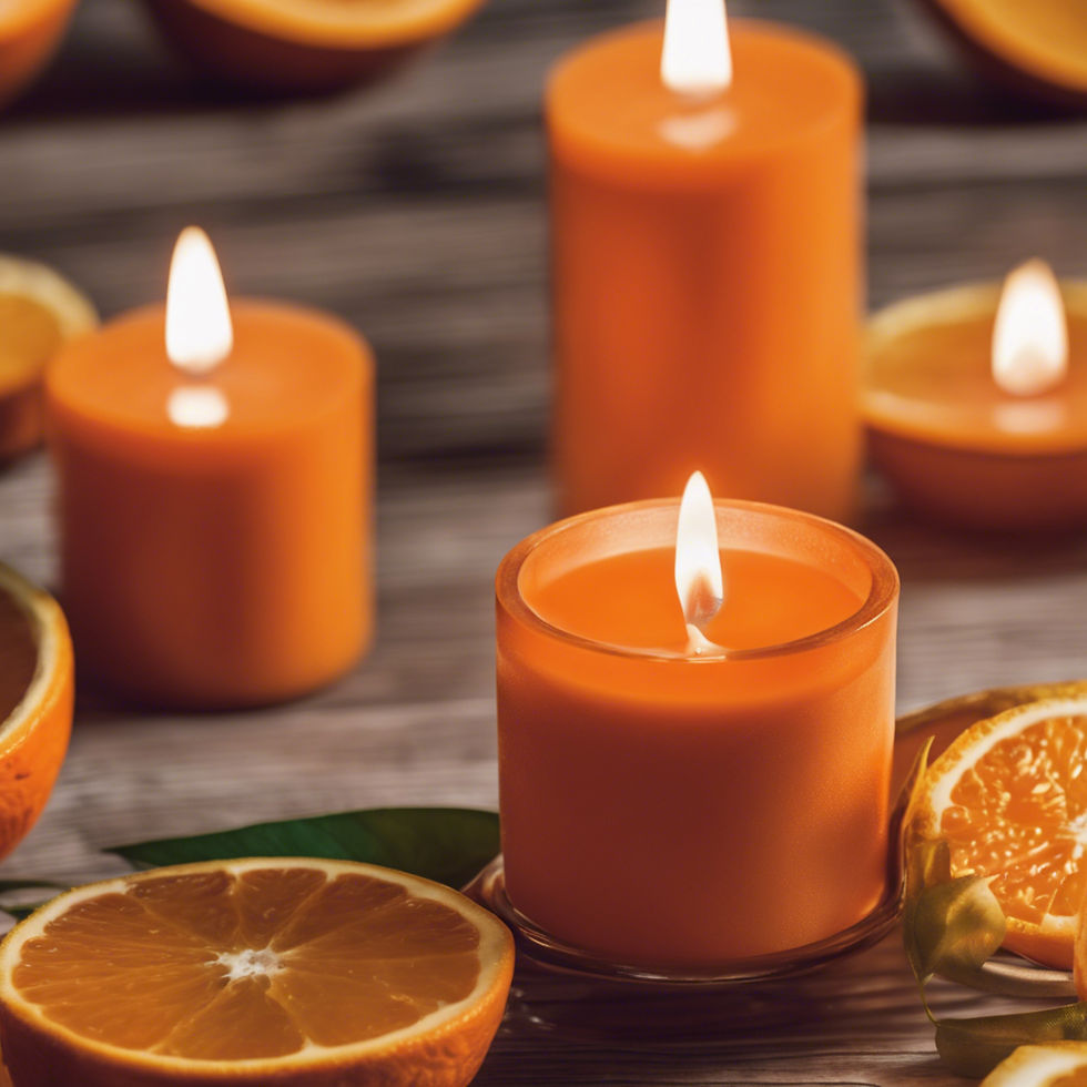 Thumbnail: Orange scented candle and slices of oranges around.