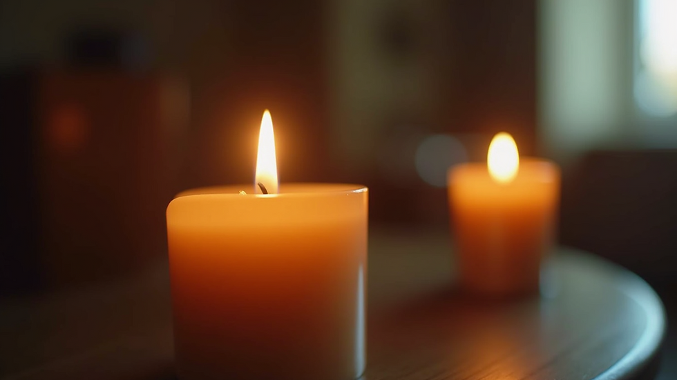 Close-up view of a scented candle with a flickering flame