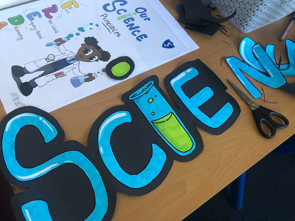 Handcrafted Display Header: A close-up image showcasing a custom-designed header font for the display board, with colourful letters backed on black paper.