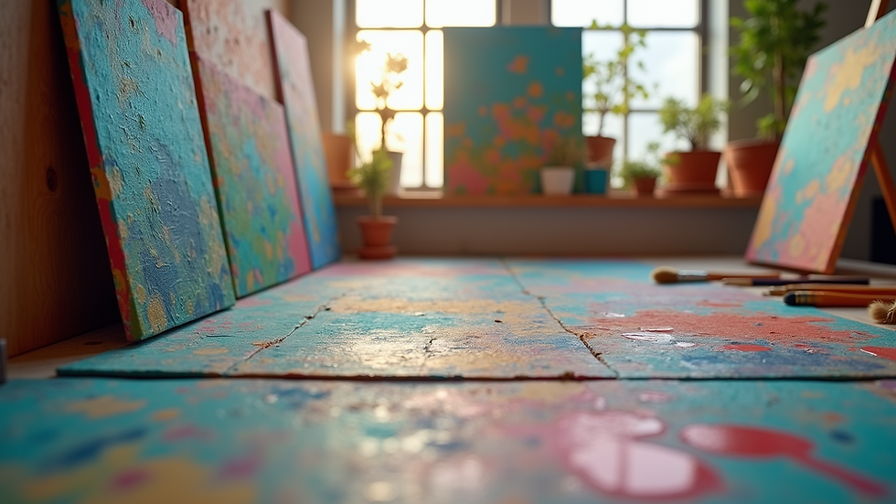 Eye-level view of a colorful artist's studio with canvases and brushes
