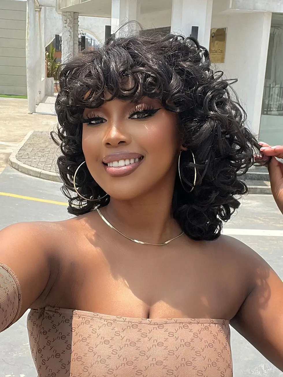 Wig short curly, synthetic wig with bangs, black, 14 inches