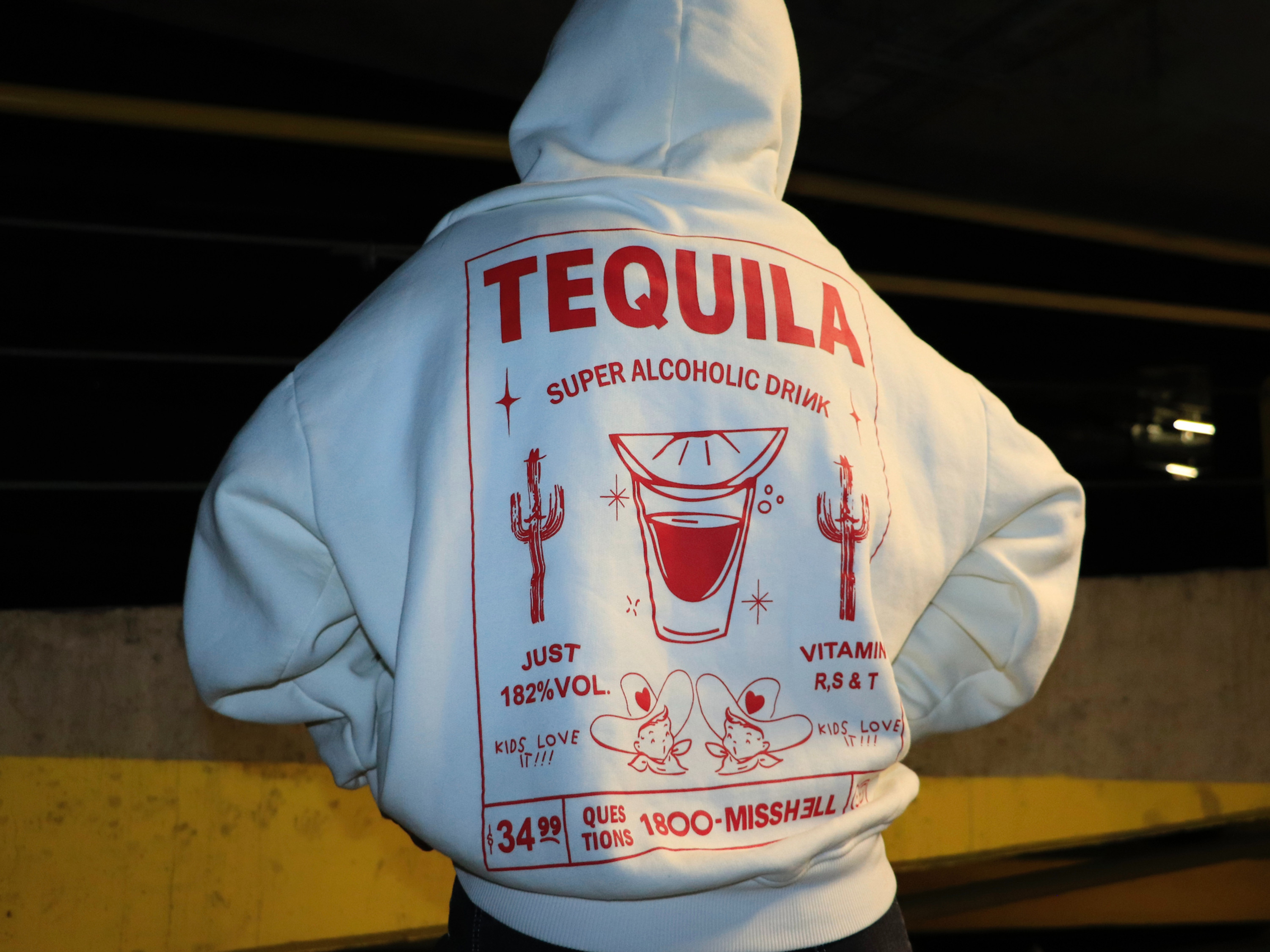 TEQUILA Beyaz Baskılı Hoodie (Unisex)