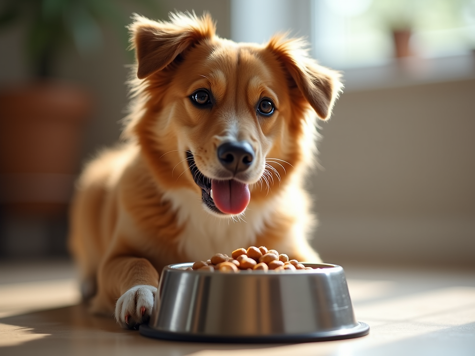 Eye-level view of a bag of Jones Feed Mills dog food on a wooden floor