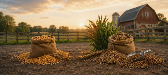 Sacks of farm feed and grains with a scoop, barn at sunset