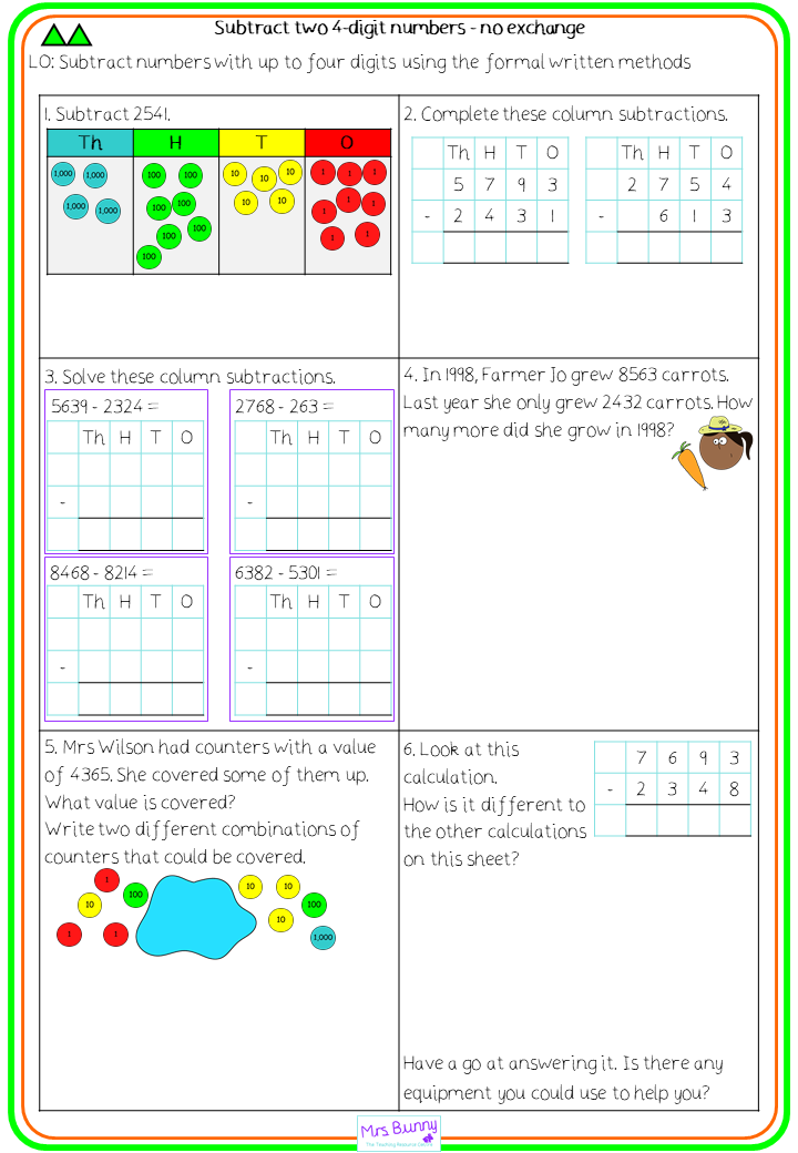 subtract two 4 d numbers no exchange worksheets year 4