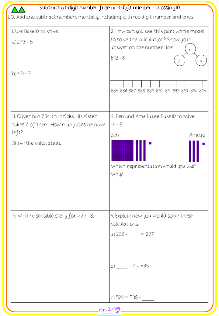 subtract a 1 digit number from a 3 digit number worksheets year 3