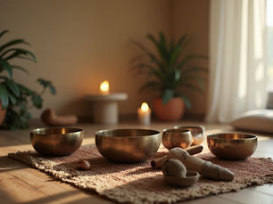 Singing bowls and gong used in sound bath session