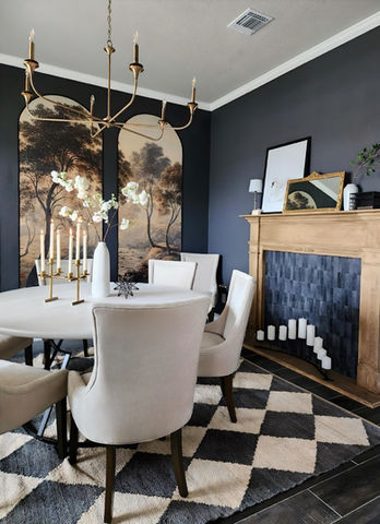 Dining room, fireplace, dark walls, wallpaper, dining room decor, dining room design