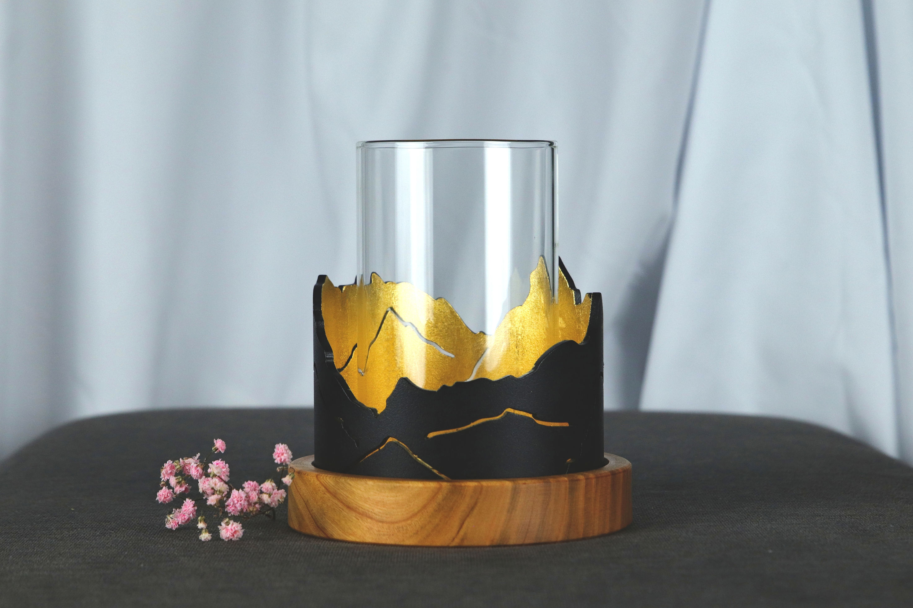 Gold-plated wooden and glass lantern – Gold Candle Holder