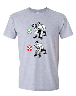 Grey t-shirt with muscular guy curling a dumbbell and another guy playing on his phone