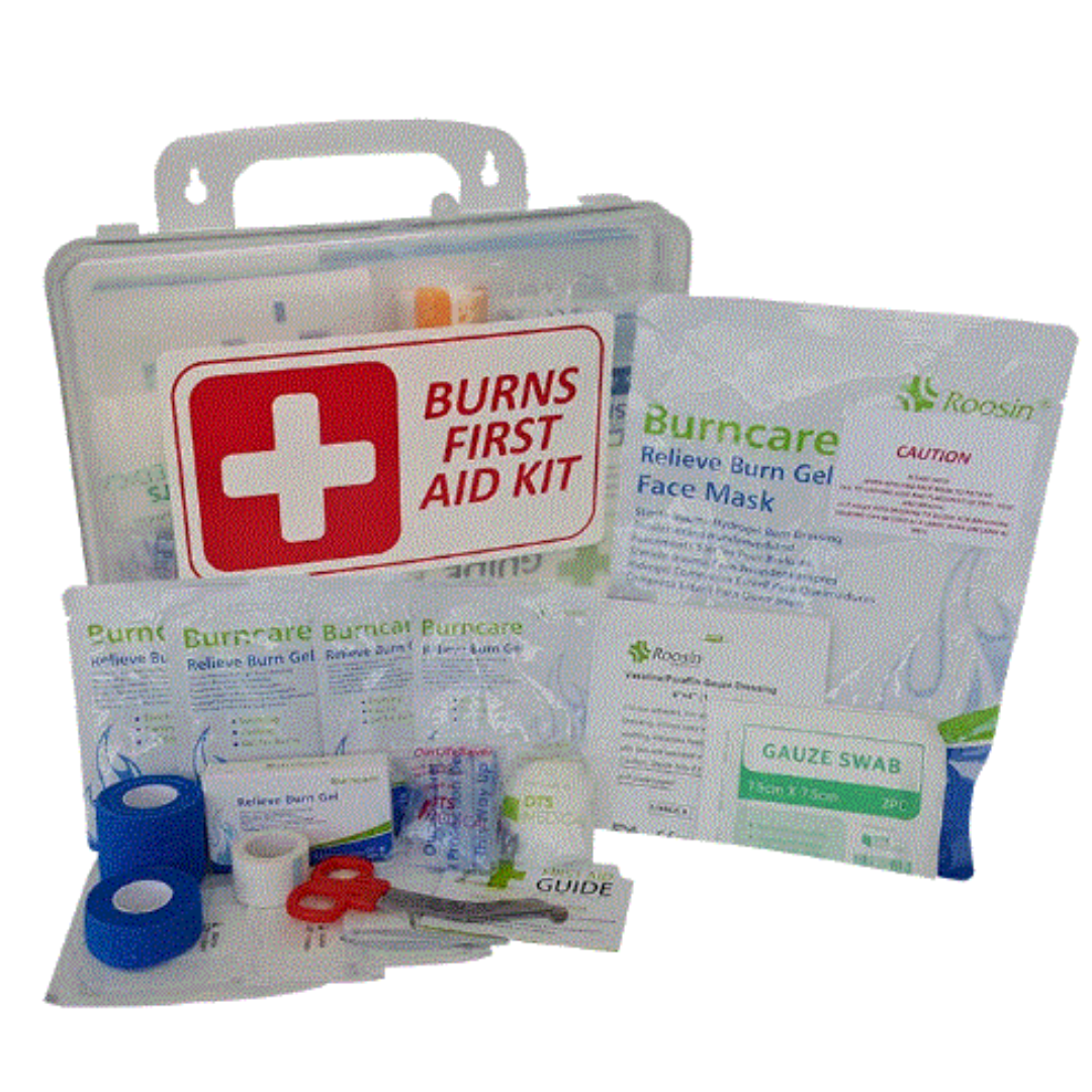 BURN INJURY FIRST AID KIT IN CLEAR PLASTIC BOX- CAN BE WALL MOUNTED