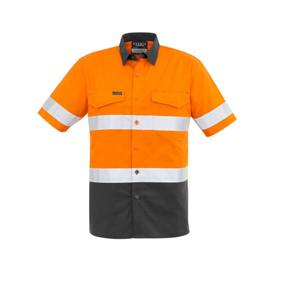 orange and navy short sleeve shirt with reflective tape