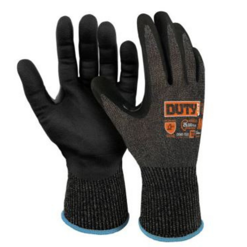 black gloves with a blue trim around cuff