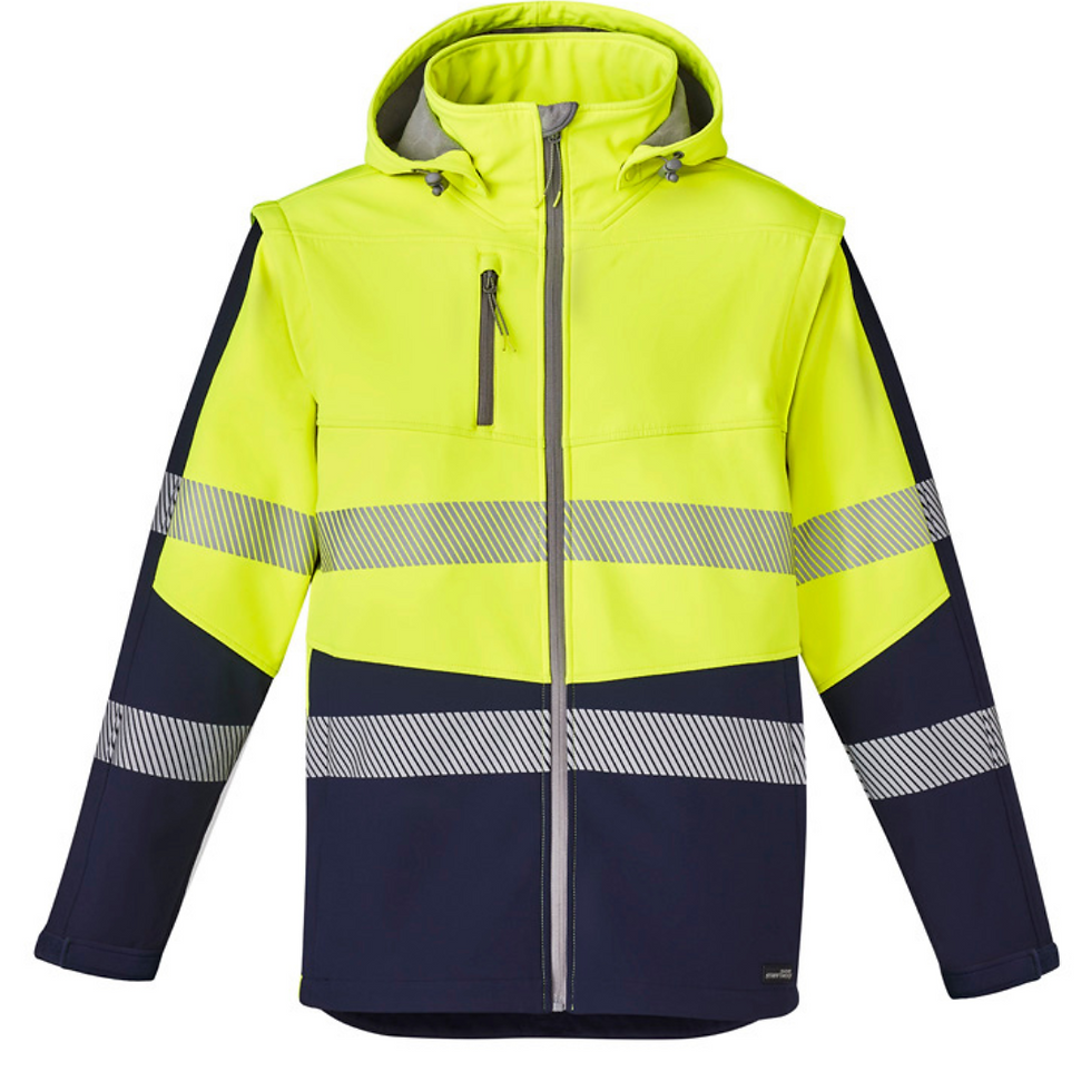 yellow and navy jumper with reflective tape